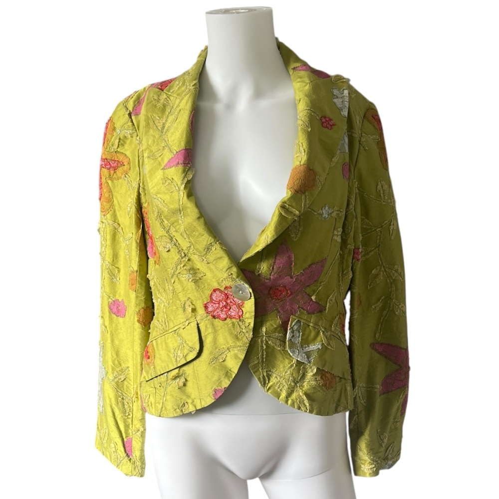 Emil Rutenberg Silk Blazer Bright Green Pink Floral Art to Wear Size Medium